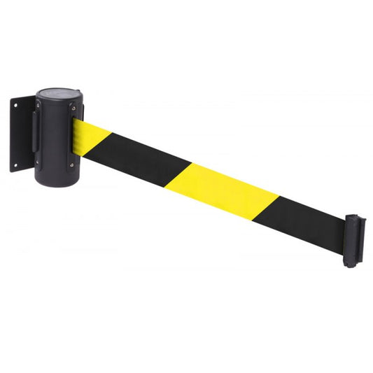 Wall mounted retractable barrier 4.6m yel/blk webbing 50mm wide c/w screw in wall clip (9492)