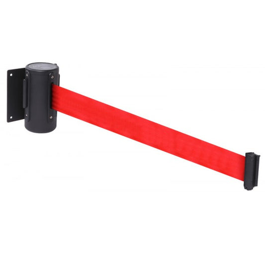 Wall mounted retractable barrier 4.6m red webbing 50mm wide c/w screw in wall clip (9494)