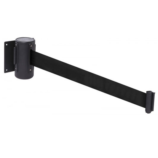 Wall mounted retractable barrier 4.6m black webbing 50mm wide c/w screw in wall clip (9495)