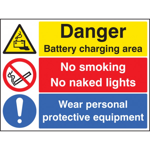 Battery charging area, wear PPE, no smoking, no naked lights (6278)