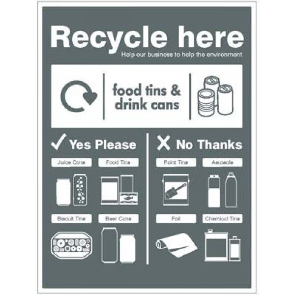 Food tins and drink cans - WRAP Recycle here sign (6677)