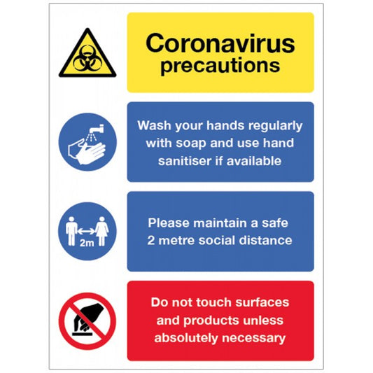 Coronavirus precautions sign - Wash hands, maintain 2 metre distance, avoid touching surfaces (8452)